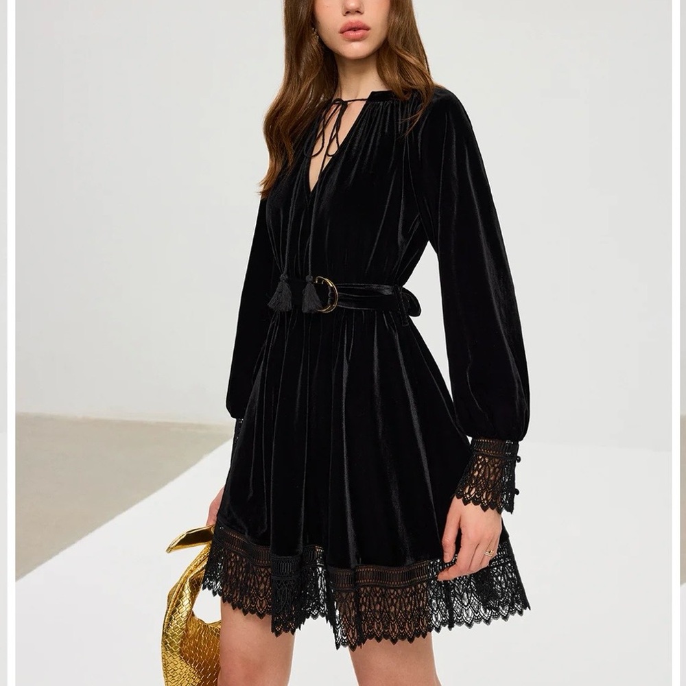 Commense Black Velvet Lace-Trim Mini Dress - Picture 12 of 12